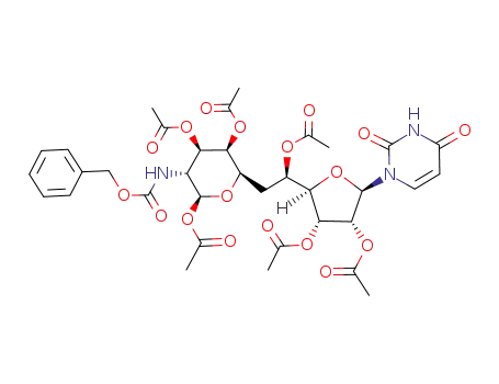 1-<(11S)-2,3,5,8,9,11-hexa-O-acetyl-10-(benzyloxycarbonyl)amino-6,10-dideoxy-α-L-galacto-D-allo-undecodialdo-1,4-furanose-11,7-pyranos-1-yl>uracil