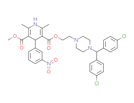 Molecular Structure of 90095-75-3 (3,5-Pyridinedicarboxylic acid,
1,4-dihydro-2,6-dimethyl-4-(3-nitrophenyl)-,
2-[4-[bis(4-chlorophenyl)methyl]-1-piperazinyl]ethyl methyl ester)