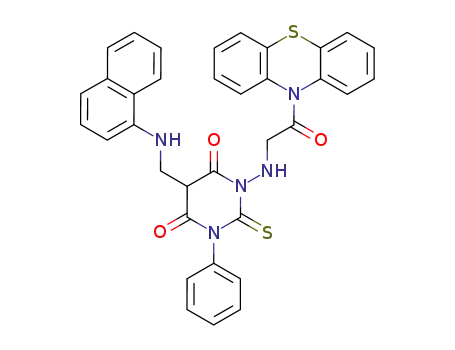 Molecular Structure of 141177-58-4 (5-[(naphthalen-1-ylamino)methyl]-1-{[2-oxo-2-(10H-phenothiazin-10-yl)ethyl]amino}-3-phenyl-2-thioxodihydropyrimidine-4,6(1H,5H)-dione)