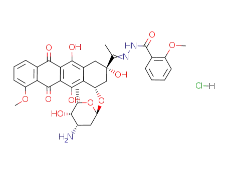 Molecular Structure of 110925-33-2 (2-Methoxy-benzoic acid [1-[(2S,4S)-4-((2R,4S,5S,6S)-4-amino-5-hydroxy-6-methyl-tetrahydro-pyran-2-yloxy)-2,5,12-trihydroxy-7-methoxy-6,11-dioxo-1,2,3,4,6,11-hexahydro-naphthacen-2-yl]-eth-(E)-ylidene]-hydrazide; hydrochloride)