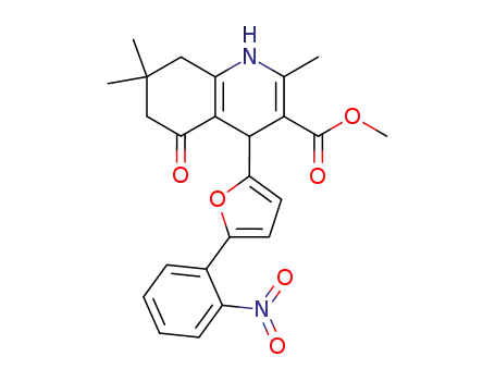 Molecular Structure of 111400-10-3 (2,7,7-Trimethyl-4-[5-(2-nitro-phenyl)-furan-2-yl]-5-oxo-1,4,5,6,7,8-hexahydro-quinoline-3-carboxylic acid methyl ester)