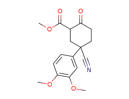 Molecular Structure of 61749-05-1 (Cyclohexanecarboxylic acid, 5-cyano-5-(3,4-dimethoxyphenyl)-2-oxo-,
methyl ester)
