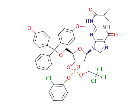 Molecular Structure of 74212-26-3 (Phosphoric acid (2R,3S,5R)-2-[bis-(4-methoxy-phenyl)-phenyl-methoxymethyl]-5-(2-isobutyrylamino-6-oxo-1,6-dihydro-purin-9-yl)-tetrahydro-furan-3-yl ester 2-chloro-phenyl ester 2,2,2-trichloro-ethyl ester)