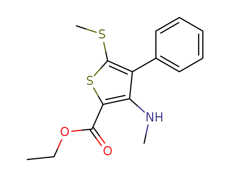 Molecular Structure of 92802-12-5 (2-Thiophenecarboxylic acid, 3-(methylamino)-5-(methylthio)-4-phenyl-,
ethyl ester)