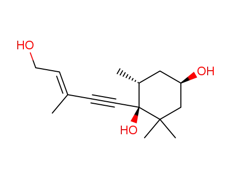 Molecular Structure of 130696-72-9 (2-trans-5-(1',4'-dihydroxy-2',2',6'-trimethylcyclohexyl)-3-methylpent-2-en-4-yn-1-ol)