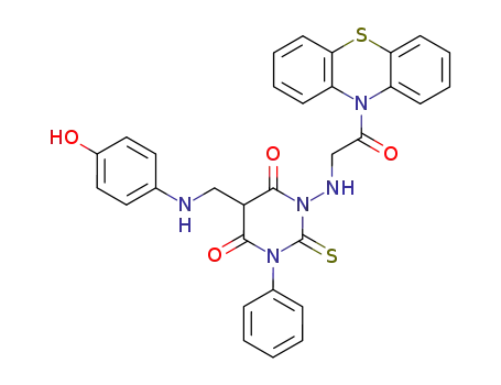 Molecular Structure of 141177-56-2 (5-{[(4-hydroxyphenyl)amino]methyl}-1-{[2-oxo-2-(10H-phenothiazin-10-yl)ethyl]amino}-3-phenyl-2-thioxodihydropyrimidine-4,6(1H,5H)-dione)