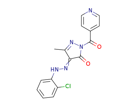 Molecular Structure of 132576-94-4 (1H-Pyrazole-4,5-dione, 3-methyl-1-(4-pyridinylcarbonyl)-,
4-[(2-chlorophenyl)hydrazone])