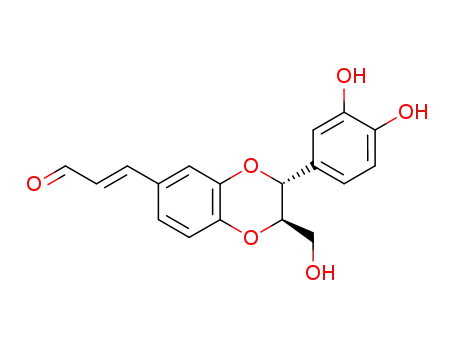 Molecular Structure of 109063-85-6 (2-Propenal,3-[(2R,3R)-3-(3,4-dihydroxyphenyl)-2,3-dihydro-2-(hydroxymethyl)-1,4-benzodioxin-6-yl]-,(2E)-)