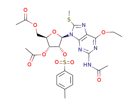 Molecular Structure of 100034-47-7 (Acetic acid (2R,3R,4R,5R)-2-acetoxymethyl-5-(2-acetylamino-6-ethoxy-8-methylsulfanyl-purin-9-yl)-4-(toluene-4-sulfonyloxy)-tetrahydro-furan-3-yl ester)
