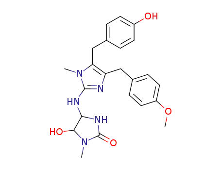 Molecular Structure of 110189-08-7 (2-Imidazolidinone,
5-hydroxy-4-[[5-[(4-hydroxyphenyl)methyl]-4-[(4-methoxyphenyl)methyl]-1
-methyl-1H-imidazol-2-yl]amino]-1-methyl-)