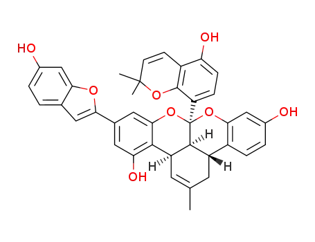 Molecular Structure of 94617-36-4 ([3aR,(+)]-1,8a,13bβ,13cα-Tetrahydro-6-(6-hydroxybenzofuran-2-yl)-8aα-(5-hydroxy-2,2-dimethyl-2H-1-benzopyran-8-yl)-2-methyl-3aαH-benzo[3,4][2]benzopyrano[1,8-bc][1]benzopyran-4,11-diol)