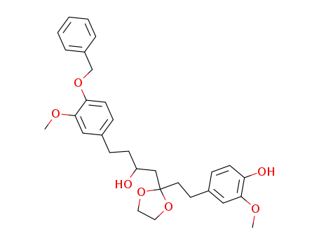Molecular Structure of 93559-23-0 (4-(2-{2-[4-(4-Benzyloxy-3-methoxy-phenyl)-2-hydroxy-butyl]-[1,3]dioxolan-2-yl}-ethyl)-2-methoxy-phenol)