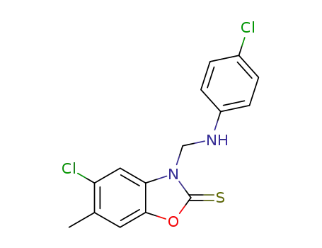 Molecular Structure of 118794-23-3 (5-Chloro-3-[(4-chloro-phenylamino)-methyl]-6-methyl-3H-benzooxazole-2-thione)