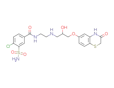 Molecular Structure of 136291-82-2 (4-Chloro-N-{2-[2-hydroxy-3-(3-oxo-3,4-dihydro-2H-benzo[1,4]thiazin-6-yloxy)-propylamino]-ethyl}-3-sulfamoyl-benzamide)