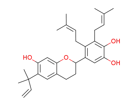 Molecular Structure of 104494-34-0 (5-[(2S)-7-hydroxy-6-(2-methylbut-3-en-2-yl)-3,4-dihydro-2H-chromen-2-yl]-3,4-bis(3-methylbut-2-en-1-yl)benzene-1,2-diol)