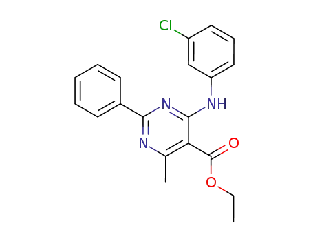 Molecular Structure of 94036-92-7 (5-Pyrimidinecarboxylic acid,
4-[(3-chlorophenyl)amino]-6-methyl-2-phenyl-, ethyl ester)