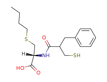 Molecular Structure of 110949-60-5 ((R)-3-Butylsulfanyl-2-(2-mercaptomethyl-3-phenyl-propionylamino)-propionic acid)