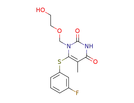 Molecular Structure of 137897-68-8 (6-[(3-fluorophenyl)sulfanyl]-1-[(2-hydroxyethoxy)methyl]-5-methylpyrimidine-2,4(1H,3H)-dione)