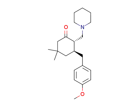 Molecular Structure of 89604-27-3 (Cyclohexanone,
3-[(4-methoxyphenyl)methyl]-5,5-dimethyl-2-(1-piperidinylmethyl)-,
trans-)