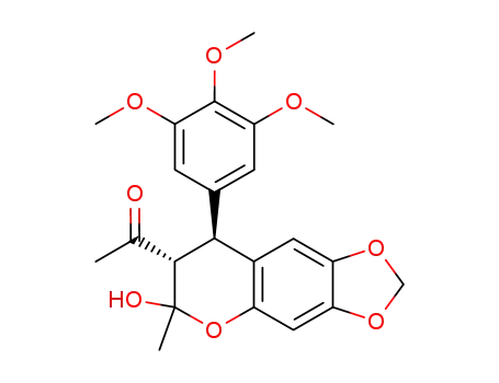 Molecular Structure of 117211-85-5 (Ethanone, 1-(7,8-dihydro-6-hydroxy-6-methyl-8-(3,4,5-trimethoxyphenyl) -6H-1,3-dioxolo(4,5-g)(1)benzopyran-7-yl)-)