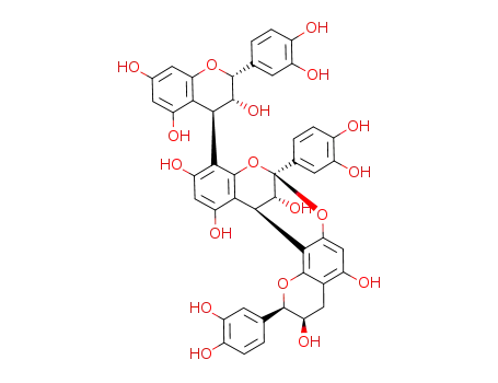 Molecular Structure of 114613-62-6 (8,14-Methano-2H,14H-1-benzopyrano[7,8-d][1,3]benzodioxocin-3,5,11,13,15-pentol,2,8-bis(3,4-dihydroxyphenyl)-10-[(2R,3R,4R)-2-(3,4-dihydroxyphenyl)-3,4-dihydro-3,5,7-trihydroxy-2H-1-benzopyran-4-yl]-3,4-dihydro-,(2R,3R,8R,14R,15R)- (9CI))