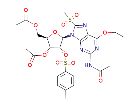 Molecular Structure of 100034-48-8 (2-acetamido-6-ethoxy-8-methanesulfonyl-9-(3,5-di-O-acetyl-2-O-tosyl-1-β-D-ribofuranosyl)-9H-purine)