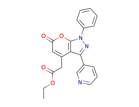 Molecular Structure of 114043-05-9 (Pyrano[2,3-c]pyrazole-4-acetic acid,
1,6-dihydro-6-oxo-1-phenyl-3-(3-pyridinyl)-, ethyl ester)
