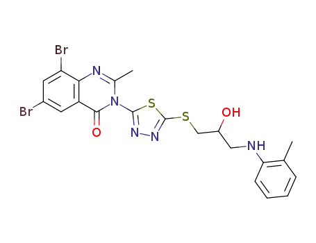 Molecular Structure of 135575-61-0 (6,8-dibromo-3-[5-({2-hydroxy-3-[(2-methylphenyl)amino]propyl}sulfanyl)-1,3,4-thiadiazol-2-yl]-2-methylquinazolin-4(3H)-one)
