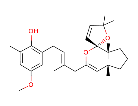 Molecular Structure of 110351-76-3 (Phenol,4-methoxy-2-methyl-6-[(2Z)-3-methyl-4-[(1R,4aS,7aS)-5,6,7,7a-tetrahydro-4a,5',5',7a-tetramethylspiro[cyclopenta[c]pyran-1(4aH),2'(5'H)-furan]-3-yl]-2-buten-1-yl]-,rel-(+)-)