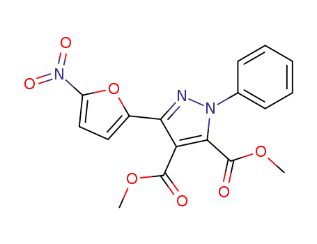 Molecular Structure of 98234-80-1 (1H-Pyrazole-4,5-dicarboxylic acid, 3-(5-nitro-2-furanyl)-1-phenyl-,
dimethyl ester)