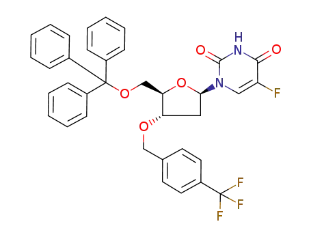 Molecular Structure of 1055041-68-3 (5-Fluoro-1-[(2R,4S,5R)-4-(4-trifluoromethyl-benzyloxy)-5-trityloxymethyl-tetrahydro-furan-2-yl]-1H-pyrimidine-2,4-dione)