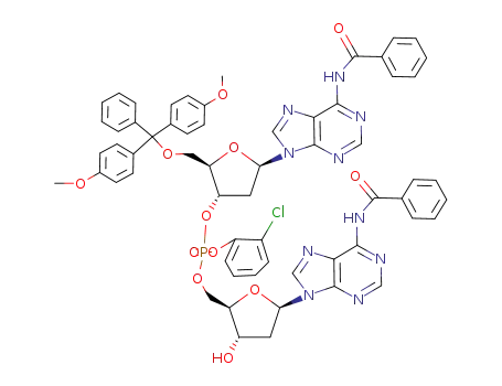 Molecular Structure of 87007-42-9 (Phosphoric acid (2R,3S,5R)-5-(6-benzoylamino-purin-9-yl)-2-[bis-(4-methoxy-phenyl)-phenyl-methoxymethyl]-tetrahydro-furan-3-yl ester (2R,3S,5R)-5-(6-benzoylamino-purin-9-yl)-3-hydroxy-tetrahydro-furan-2-ylmethyl ester 2-chloro-phenyl ester)