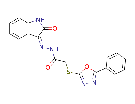 Molecular Structure of 1026258-76-3 ((5-Phenyl-[1,3,4]oxadiazol-2-ylsulfanyl)-acetic acid [2-oxo-1,2-dihydro-indol-(3Z)-ylidene]-hydrazide)