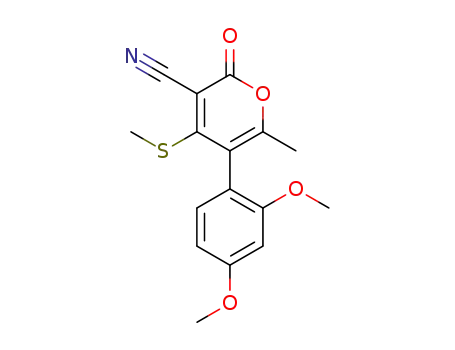 Molecular Structure of 864370-27-4 (5-(2,4-dimethoxy-phenyl)-6-methyl-4-methylsulfanyl-2-oxo-2<i>H</i>-pyran-3-carbonitrile)