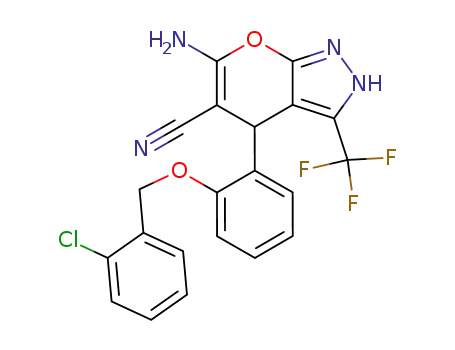 Molecular Structure of 496018-59-8 (6-amino-4-{2-[(2-chlorobenzyl)oxy]phenyl}-3-(trifluoromethyl)-2,4-dihydropyrano[2,3-c]pyrazole-5-carbonitrile)