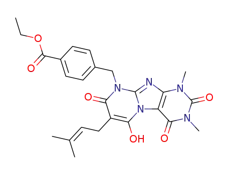 Molecular Structure of 102212-80-6 (4-[5-Hydroxy-1,3-dimethyl-6-(3-methyl-but-2-enyl)-2,4,7-trioxo-1,2,3,4-tetrahydro-7H-1,3,4b,8,9-pentaaza-fluoren-8-ylmethyl]-benzoic acid ethyl ester)