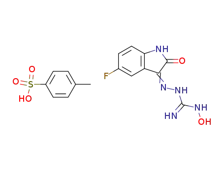 Molecular Structure of 87861-79-8 (Hydrazinecarboximidamide,
2-(5-fluoro-1,2-dihydro-2-oxo-3H-indol-3-ylidene)-N-hydroxy-,
mono(4-methylbenzenesulfonate) (salt))
