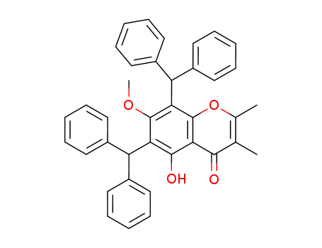Molecular Structure of 105630-25-9 (4H-1-Benzopyran-4-one,
6,8-bis(diphenylmethyl)-5-hydroxy-7-methoxy-2,3-dimethyl-)
