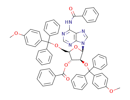 Molecular Structure of 82144-95-4 (Benzoic acid (2R,3R,4S,5R)-5-(6-benzoylamino-purin-9-yl)-4-[(4-methoxy-phenyl)-diphenyl-methoxy]-2-[(4-methoxy-phenyl)-diphenyl-methoxymethyl]-tetrahydro-furan-3-yl ester)