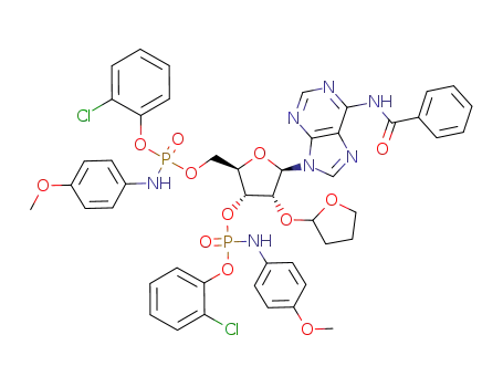 Molecular Structure of 88160-16-1 (Adenosine, N-benzoyl-2'-O-(tetrahydro-2-furanyl)-,
3',5'-bis[2-chlorophenyl (4-methoxyphenyl)phosphoramidate], (R)-)