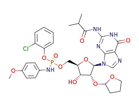 Guanosine, N-(2-methyl-1-oxopropyl)-2'-O-(tetrahydro-2-furanyl)-,
5'-[2-chlorophenyl (4-methoxyphenyl)phosphoramidate], (R)-