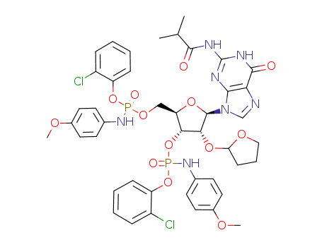 Molecular Structure of 88160-18-3 (Guanosine, N-(2-methyl-1-oxopropyl)-2'-O-(tetrahydro-2-furanyl)-,
3',5'-bis[2-chlorophenyl (4-methoxyphenyl)phosphoramidate], (R)-)