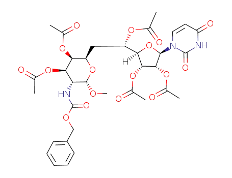 Acetic acid (2R,3R,4R,5R)-4-acetoxy-2-[(S)-1-acetoxy-2-((2R,3S,4R,5R,6S)-3,4-diacetoxy-5-benzyloxycarbonylamino-6-methoxy-tetrahydro-pyran-2-yl)-ethyl]-5-(2,4-dioxo-3,4-dihydro-2H-pyrimidin-1-yl)-tetrahydro-furan-3-yl ester