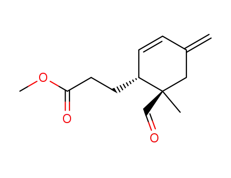 Molecular Structure of 96301-99-4 (2-Cyclohexene-1-propanoic acid, 6-formyl-6-methyl-4-methylene-,
methyl ester, cis-)