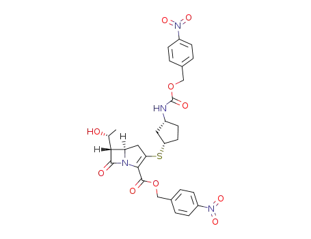 Molecular Structure of 105676-04-8 (p-nitrobenzyl (6S)-<(1R)-hydroxyethyl>-2-<cis-3-(p-nitrobenzyloxycarbonylamino)cyclopentylthio>-(5R)-carbapen-2-em-3-carboxylate)