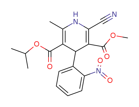 Molecular Structure of 67448-29-7 (3,5-Pyridinedicarboxylic acid,
2-cyano-1,4-dihydro-6-methyl-4-(2-nitrophenyl)-, 3-methyl
5-(1-methylethyl) ester)
