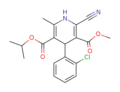 Molecular Structure of 75530-69-7 (3,5-Pyridinedicarboxylic acid,
4-(2-chlorophenyl)-2-cyano-1,4-dihydro-6-methyl-, 3-methyl
5-(1-methylethyl) ester)