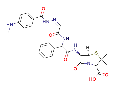 Molecular Structure of 143667-45-2 ((2S,5R,6R)-3,3-dimethyl-6-{[{[(2E)-2-{2-[4-(methylamino)benzoyl]hydrazinylidene}acetyl]amino}(phenyl)acetyl]amino}-7-oxo-4-thia-1-azabicyclo[3.2.0]heptane-2-carboxylic acid)