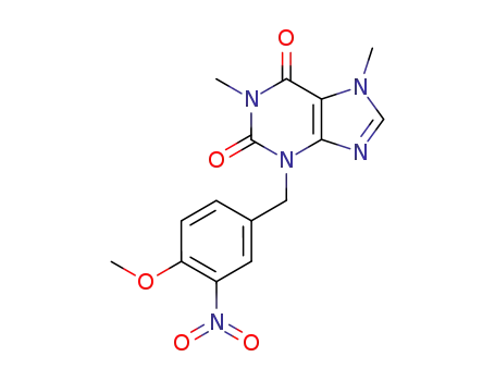 Molecular Structure of 139927-94-9 (1H-Purine-2,6-dione,
3,7-dihydro-3-[(4-methoxy-3-nitrophenyl)methyl]-1,7-dimethyl-)