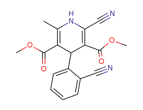 Molecular Structure of 67448-26-4 (3,5-Pyridinedicarboxylic acid,
2-cyano-4-(2-cyanophenyl)-1,4-dihydro-6-methyl-, dimethyl ester)
